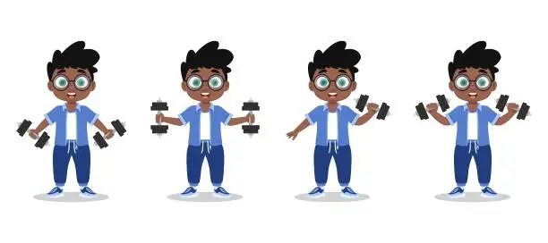Vector illustration of A set of exercises with dumbbells, the boy goes in for sports