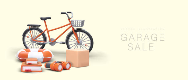 istock Yard sale. Realistic bicycle with basket, lifebuoy, books, binoculars, cardboard box 1573692845