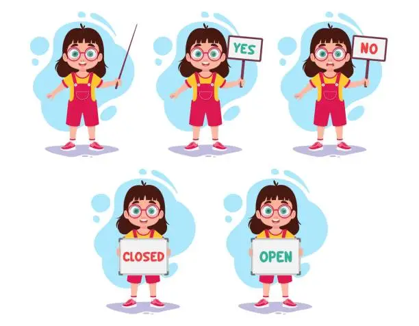 Vector illustration of 5 Illustrations of a girl holding a sign