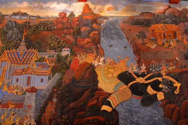pittura murale al grand palace, bangkok, - wat thailand demon tourism foto e immagini stock