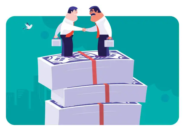 Vector illustration of two businessmen standing on stack of banknotes and shaking hands