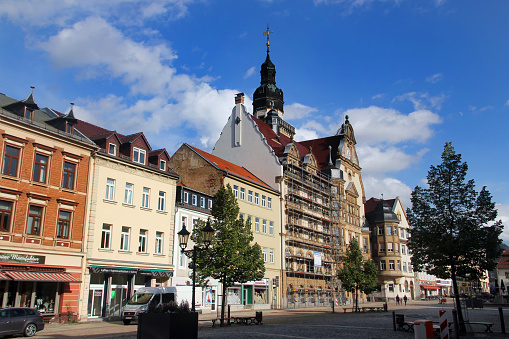 Werdau, Germany - July 26, 2023: Town hall of Werdau, a town in Landkreis Zwickau in Saxony and former textile and automobile production center, now deindustrialized.