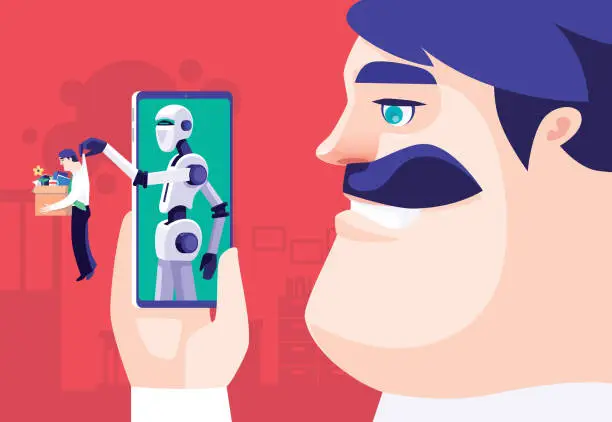 Vector illustration of boss operating robot and dismissing employee on smartphone