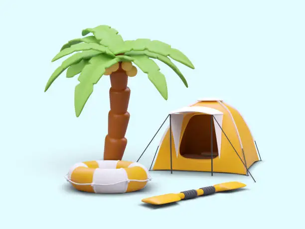 Vector illustration of Vacation on tropical coast. Camping near sea. Concept for travel sites, tourist guides