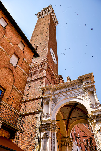 A suggestive view from below of the Cappella di Piazza (Chapel of the Square) on the facade of the Palazzo Pubblico in Piazza del Campo, in the medieval heart of Siena, in Tuscany. Located on the left side of the palace under the Torre del Mangia, this chapel is a marble tabernacle in Gothic style built in 1352 in honor of the Virgin Mary for having saved the city from the plague of 1348. Built in 1290 as the seat of the Council of Nine and of the executive power of the medieval city, the majestic Palazzo Pubblico is still the seat of the municipal government of Siena. The Torre del Mangia was built between 1338 and 1348 on a project by Giovanni Balduccio, known as the 'Mangia', becoming the symbol of the political and military power of Siena compared to its rival Florence. Center of the city life since 1169, Piazza del Campo or simply Campo is one of the most beautiful and famous squares in the world for its particular shell shape. In this space every year the seventeen historical districts of Siena compete in the Palio, one of the oldest horse races in the world. Siena is one of the most beautiful Italian cities of art, in the heart of the Tuscan hills, visited for its immense artistic and historical heritage and for its famous popular traditions. Since 1995 the historic center of Siena has been declared a World Heritage Site by UNESCO. Image in high definition quality.