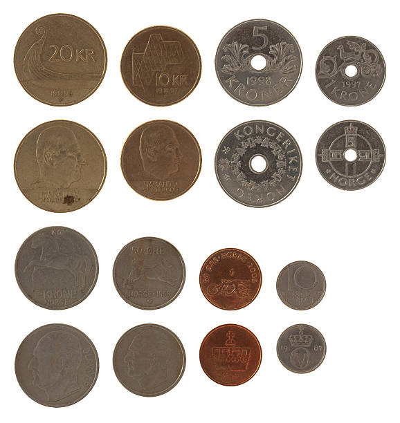 norueguês moedas isolado a branco - norwegian coin imagens e fotografias de stock