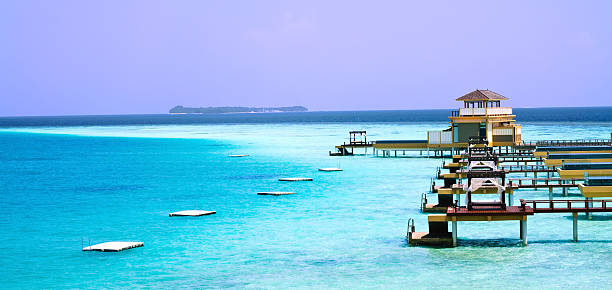 istock Island in ocean, overwater villa with endless swimming pools. Ma 157370588