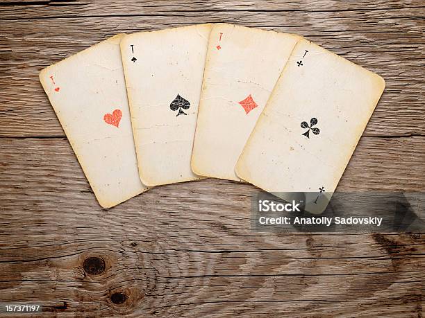 Old Playing Cards On Wood Stock Photo - Download Image Now - Playing Card, Old-fashioned, Poker - Card Game