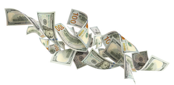 istock Flying 100 American dollars banknotes, on white 1573723163