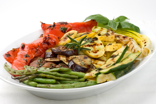 Red bell pepper, zucchini, yellow squash, green beans, mushrooms, eggplant, and leeks all grilled to perfection and topped with a garlic and Balsamic vinegar sauce for a summertime feast.