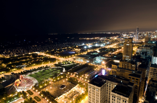 Wide Aerial View of Chicago Lakefront at Night