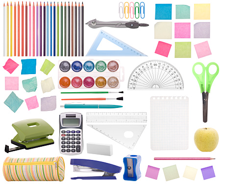 Different office or school supplies isolated. Montage. 
