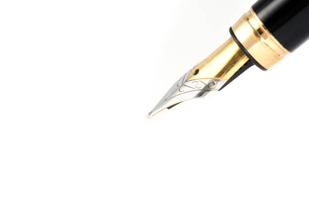 Stylish black fountain pen on open notebook, top view. Space for text