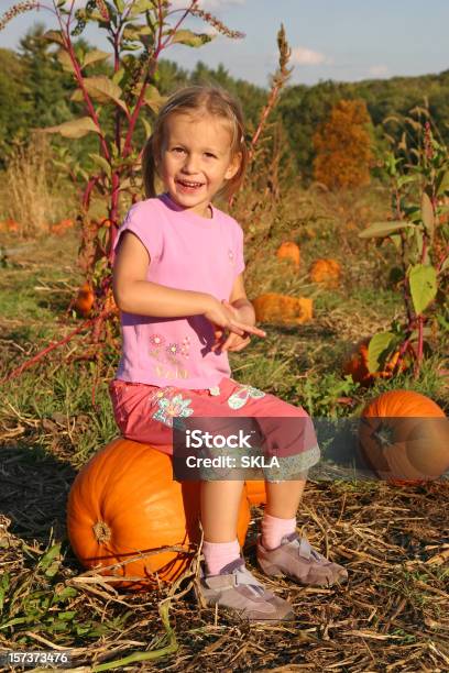 Szczęśliwa Dziewczyna Siedzi Na Dyni Patcha W Pumkin - zdjęcia stockowe i więcej obrazów 4 - 5 lat