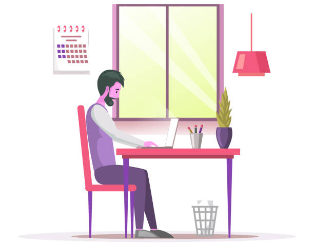 istock Man working with computer. Freelance or Internet job. Businessman sitting at table with laptop 1573735212