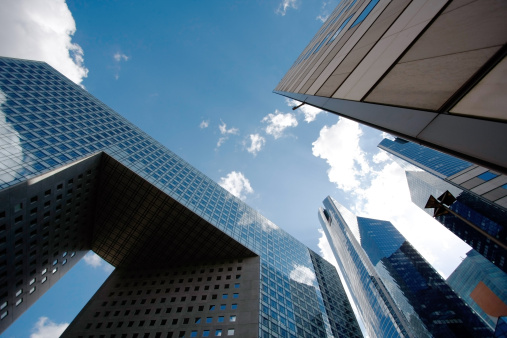 Modern architecture in the business district of La Defense to the west of Paris, France.