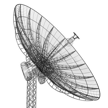 A wireframe view of a satellite dish. Very high resolution 3D render.