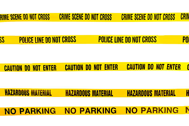 Stay Away Strips Photograph of messages on plastic strips stretched out as if they would be used in real life on a white background police tape stock pictures, royalty-free photos & images