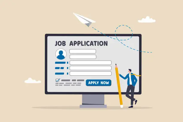 Vector illustration of Online job application, career or employment submission form, candidate recruitment, job search or resume and CV document upload concept, businessman hold pencil fill in computer job application form.