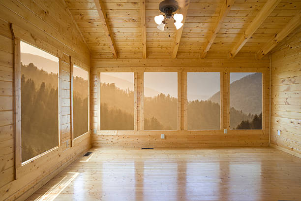 meditation zimmer - rustic bedroom cabin indoors stock-fotos und bilder