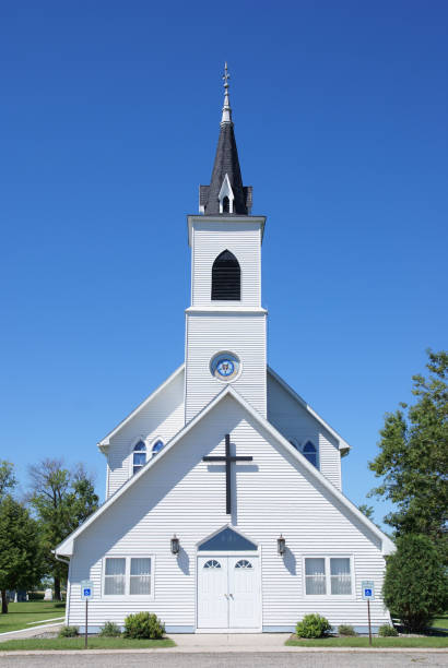 Rural Vintage White Church in North Dakota stock photo