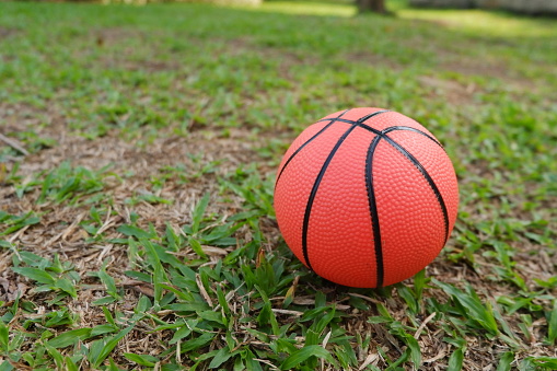 Small basketball toy on the ground with copy space