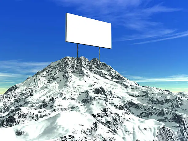 At top of a mountain a blank publicity board. 3D render.