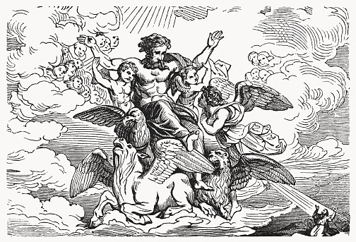 The prophet Ezekiel sees the glory of God (Ezekiel 1). Wood engraving, published in 1835.