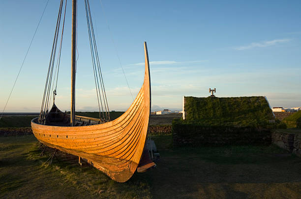 Medieval viking boat reconstruction Iceland  viking ship photos stock pictures, royalty-free photos & images