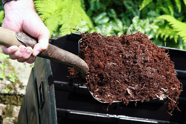 pala de mano agarrando completo de abono, hogar de compostaje - fertilizante fotografías e imágenes de stock