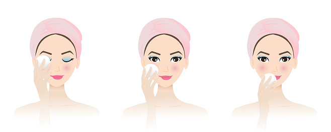Set of makeup remover from cute woman face vector illustration isolated on white background. Step of makeup removal, mascara, eye liner, foundation, blush, lipstick and lip color with cotton pad. Skin care and beauty concept illustration.