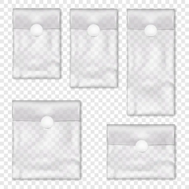 Vector illustration of Clear vinyl pouch with white round seal sticker label. Vector mock-up set. Blank empty transparent fold top plastic bag package kit mockup