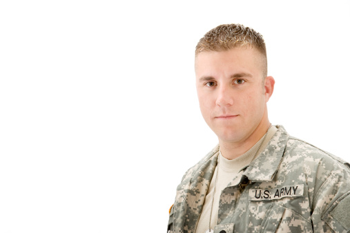 Head shot of a man in a US Army uniform; copy space 