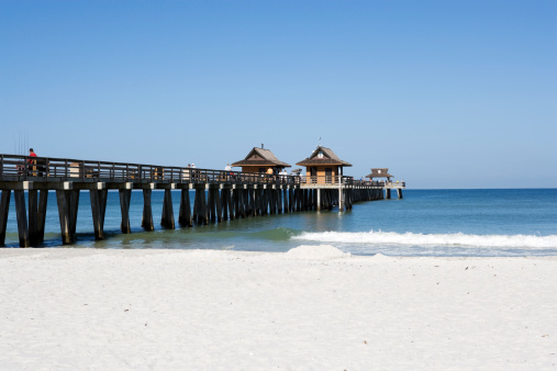 Summer landscape at Venice fishing pier in Florida. Ocean surf waves crashing on warm sandy beach.