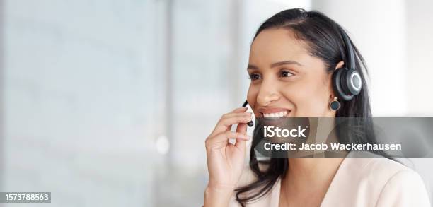 Callcenter Consultant Woman And Contact Us Happy With Phone Call Communication And Crm Female With Smile Customer Support Or Telemarketing Agent Headset And Help Desk Employee With Mockup Stock Photo - Download Image Now