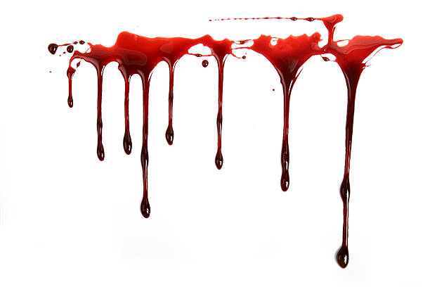 realistic blood dripping on white background - druppels stockfoto's en -beelden