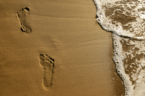 Footprints in the sand with the blue sea and dunes in the background. High quality photo
