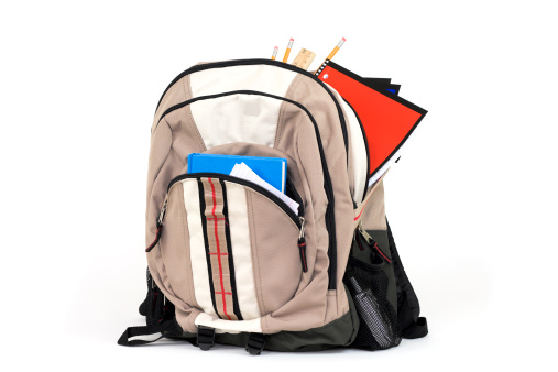 3d minimal back to school concept. Colleague elements. Classroom compositions. School bag with a palette, notepad, pen, book, pencil, eraser, and alarm clock. 3d illustration.