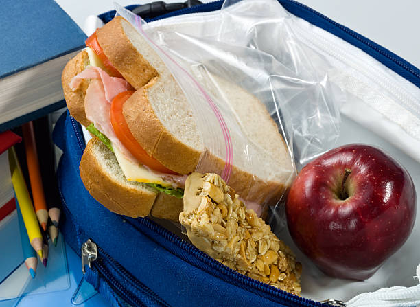 culinary gros plan d'un panier-repas scolaire - lunch packed lunch lunch box apple photos et images de collection