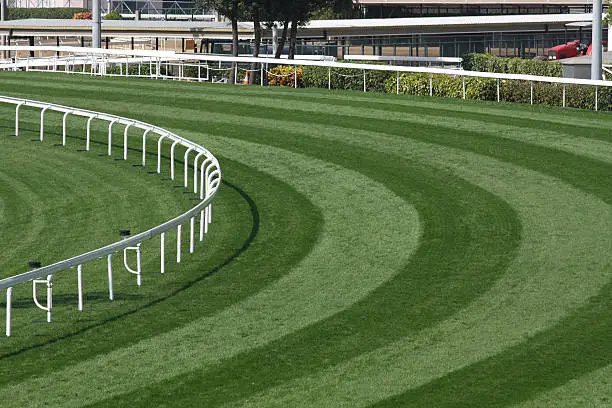 Photo of Mowed lawn used as a horse racing track restricted by fence