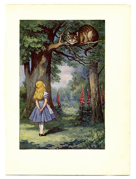 ilustraciones, imágenes clip art, dibujos animados e iconos de stock de el gato de cheshire en tree ilustración, (alice de aventuras en wonderland - cheesy grin illustrations
