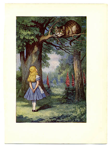 체셔고양이 on 나무 일러스트, (alice in wonderland-fictional character) 의 adventures - cheesy grin illustrations stock illustrations