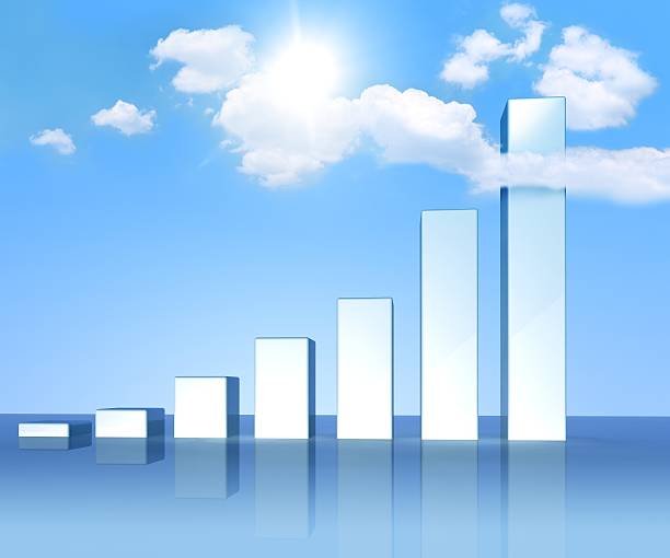 Bar graph with columns reaching the sky. Bar graph made of skyscrapers. Enormous growth concept. giant cube stock pictures, royalty-free photos & images