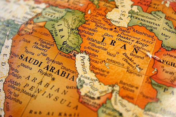 A photograph of a map of the Middle East The Middle East on a Globe iran stock pictures, royalty-free photos & images