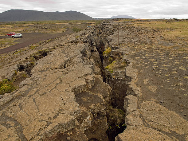 Image of a large fissure in the earth Grotagja fault in Iceland earthquake photos stock pictures, royalty-free photos & images