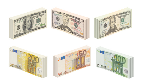 A stack of US Dollar bills bundles on white background, including clipping path used in finance and economic concepts