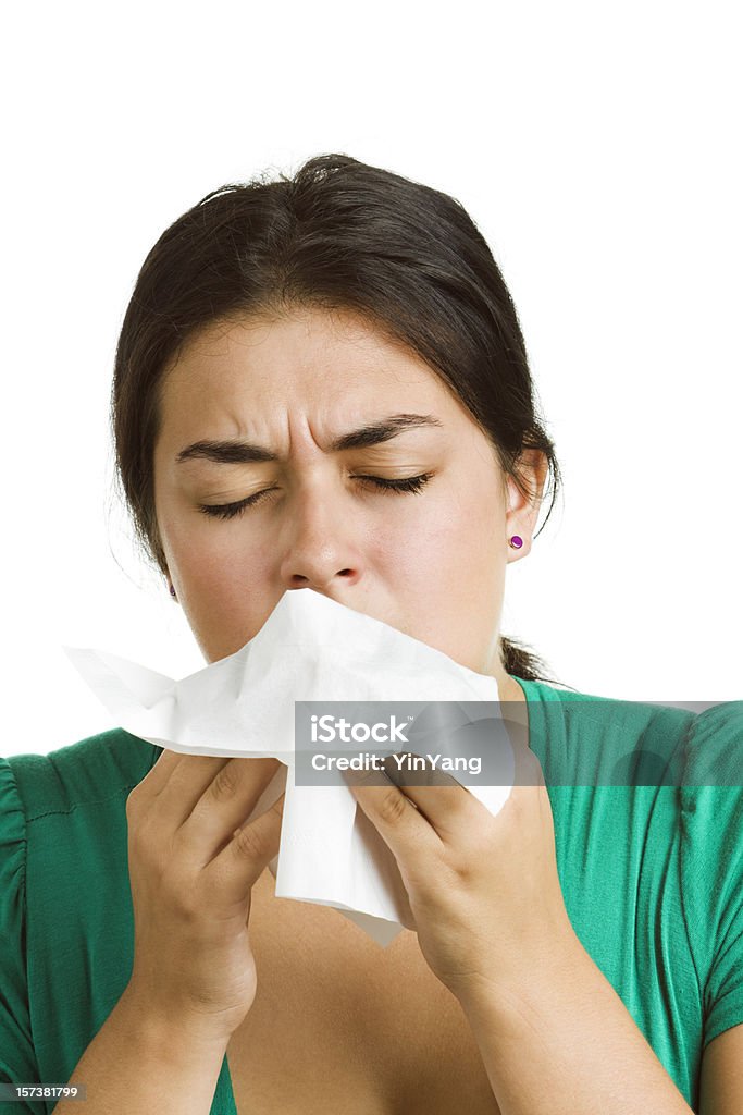 Mulher com frio, gripe ou alergia, tossir, Sneezing, Usar lenços - Foto de stock de Adolescente royalty-free