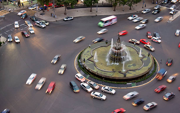 Aerial View of Busy Roundabout with Heavy Traffic