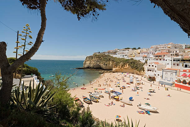 Panoramic view of Algarve overlooking a beach on a sunny day stock photo