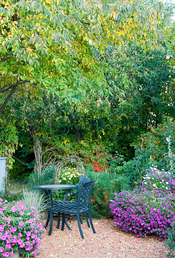 A table and two chairs set in an early autumn flower garden.